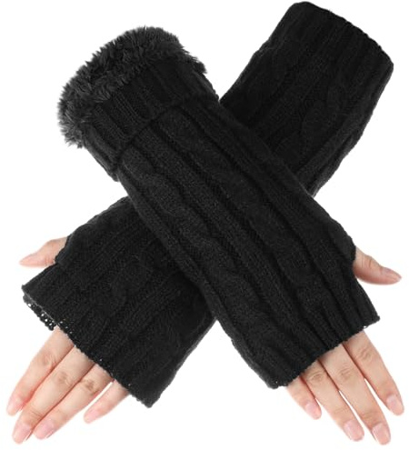 Cutecrop 1 Pair Black Arm Warmers for Woman Knit Fingerless Gloves Fleece Lined Arm Sleeves with Thumbhole, Long Cozy Mittens for Cold Weather Outdoor Indoor Use