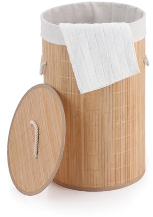 BM Cesto Portabiancheria in Bambù con Coperchio e Sacco Interno Rimovibile – Cesto per Biancheria Sporca Rotondo Ø35x50 cm, Salvaspazio, Stile Naturale per Bagno, Camera da Letto e Lavanderia