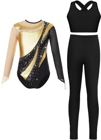 Yhong Maillot De Danse Ballet Pour Mädchen Justaucorps Gymnastique Rythmique Avec Gilet Court Et Leggings Body De Danseuse Spectacle Or 13-14 ans
