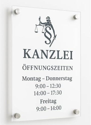 Jung Edelstahl Design Acrylglas Geschäftszeiten Schild Firmenlogo Logo Türschild personalisiert individuell Büro Praxis Kanzlei Eingang Hotel Laden Geschäft Haustür Außenbereich Plexiglass