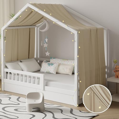 Pacok Hausbett Himmel mit Lichterkette Deko 1 Stück 135 x 420 cm Camel | Baldachin Hausbett Vorhang,Betthimmel Stoffhimmel Hausbett für Mädchen Jungen Kinderbett