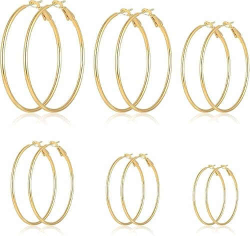 PacuM 6 Paires Boucles D'oreilles Creoles Hypoallergénique Creole Femme Avec Fermoir Clip Boucles D'oreilles Créoles Léger Bijoux Fantaisie pour Femmes 20/30/40/50/60/70 MM (Doré)