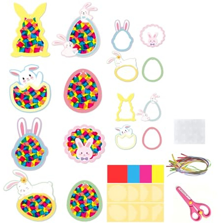 Manualidades de Pascua para niños, juego completo de manualidades de Pascua para niños con tijeras, cuerda de colores, imágenes para ventanas y pegatinas de PET, manualidades de Pascua con niños