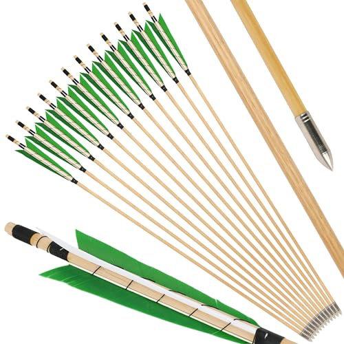 surwolf 31” bågskyttepilar av trä, traditionellt handgjorda, med 5” kalkonfjäder, OD8mm träskena, jaktmål för långbåge/recurvebåge hästbåge 6&12 st. (grön vit, 12pcs)