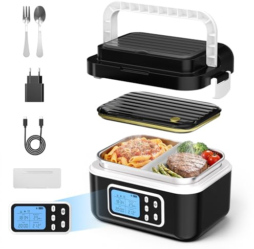 Fiambrera Electrica,Calentador de Comida Portatil 1.5L para Comida con Pantalla Táctil,Taper Termico Comida Caliente con Vajilla de Acero Inoxidable y Bolsa Aislante,Lonchera Termica para Coche