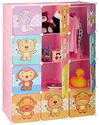 Relaxdays Steckregal Kinderzimmer, Tiermotive, Mädchen, Türen, Kleiderstangen, Kunststoff Kleiderschrank 145x110cm, rosa, Pink