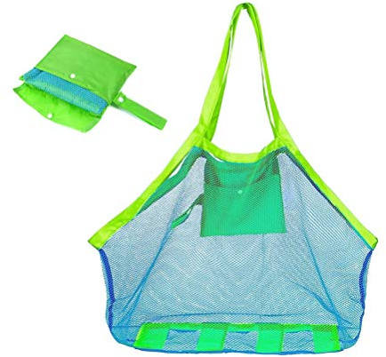 Extra große Netz-Strandtasche für Outdoor, Schwimmbad, Kinder- und Reisehandtücher, Sand-Organizer, Aufbewahrungstaschen, faltbar und leicht (blaue, grüne Netztasche)