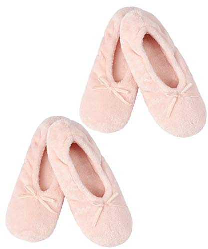 Panda Bros 2 Pairs Women's Ballerina House Slippers, Anti-Skid Comfy Warm Ballet Style Slippers(Pink, 5-7.5)