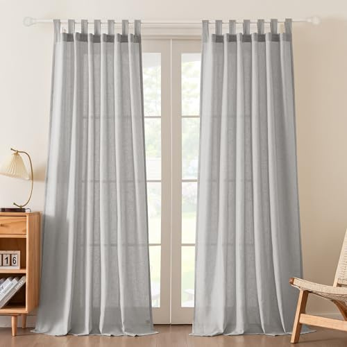 FantasDecor Linen Sheer Curtains 96 Inch Length 2 Panels Tab Top for Living Room Bedroom Light Filtering Window Drapes Neutral Country Rustic Farmhouse Boho Blinds, Dove Gray