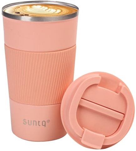 SUNTQ Reusable Coffee Cups Travel 510ml Coffee Travel Mug with Leakproof Lid - Thermal Mug Insulated Cup - Stainless Steel Travel Cup with Rubber Grip for Hot and Cold Drinks Light Pink