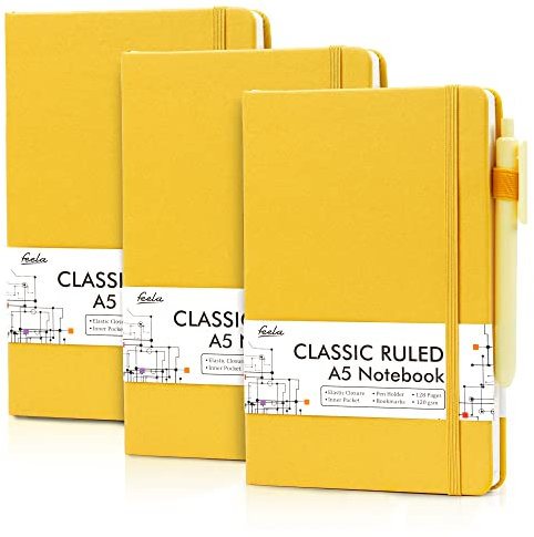 feela Notizbuch A5 liniert Hardcover, 3 Notizbücher Set, Journal Buch mit 3 Gelstifte schwarz, 120 GSM, 13x21cm, Notizblock Set geeignet für Büro, Schule, für Kinder und Erwachsene, Din A5, Gelb