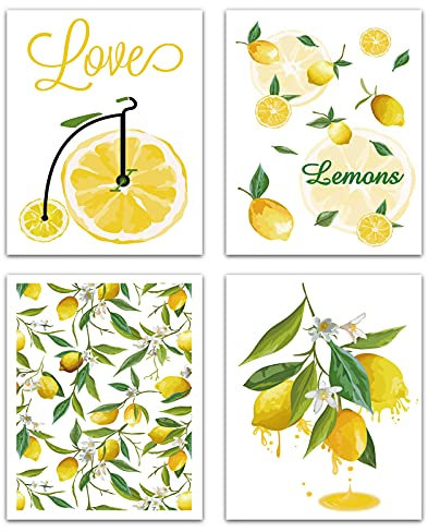 CREATCABIN 4 stücke Zitrone Obst Wandkunst Leinwanddruck Poster Set Wohnkultur Wandkunst Moderne Kunstwerke Sommer Liebe Für Wohnzimmer Schlafzimmer Badezimmer Home Office Küche 8 x 10 Zoll Ungerahmt