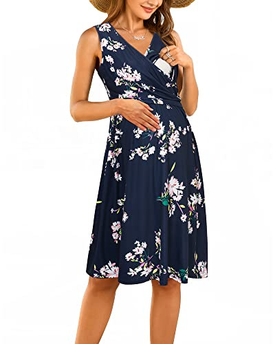 OUGES Abito Estivo Premaman Donna Abito da Allattamento Abiti Primaverili Gravidanza con Tasche