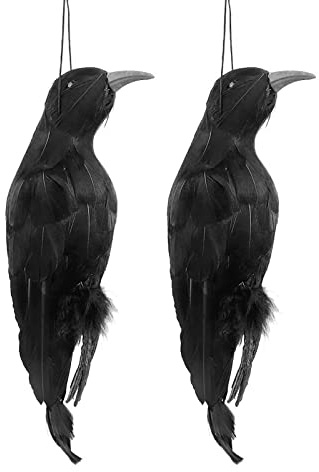 DRYEN 2er Set Realistische hängende tote Krähen Decoy, 32cm Fake Crow Lifesize Extra Große Handgemachte Schwarz Gefiederte Krähe, Krähenabschreckung, Krähen loswerden, 2 Stück (32cm)