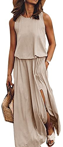amropi Damen Sommer Casual Kleid Ärmelloses Lang Kleider Elegant Maxikleid Khaki,XL