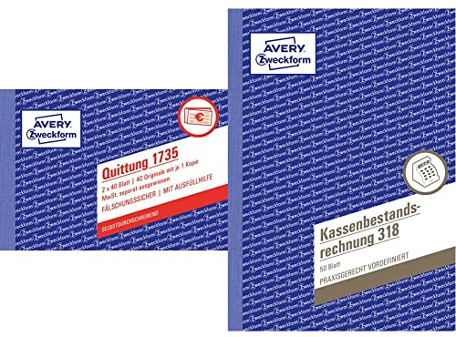 AVERY Zweckform 1735 Quittungsblock(A6 quer, 2x40 Blatt, mit Durchschlag, separat ausgewiesene MwSt, für Deutschland und Österreich) weiß/gelb & 318 Kassenbestandsrechnung(A5, 50 Blatt) weiß, 1 Stück