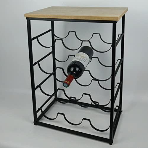 YORKSHIRE HOMEWARE Large Shelves Wine Rack 12 Bottles Holder | Mini Bar with Black Metal Frame & Oak Finish Top | Free Standing wine Racks | 4 Tier Home Bar Unit | Heavy Duty Drinks Cabinets (Black)
