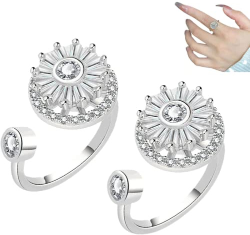 TETHY Zenspinz Anti-Angst-Diamantring, Verstellbarer Goldkristall-Anxiety-Relief-Spinnring, Zappel-Spinner-Ringe für Mädchen, personalisierte Geschenke für Frauen (2pcs Silver)