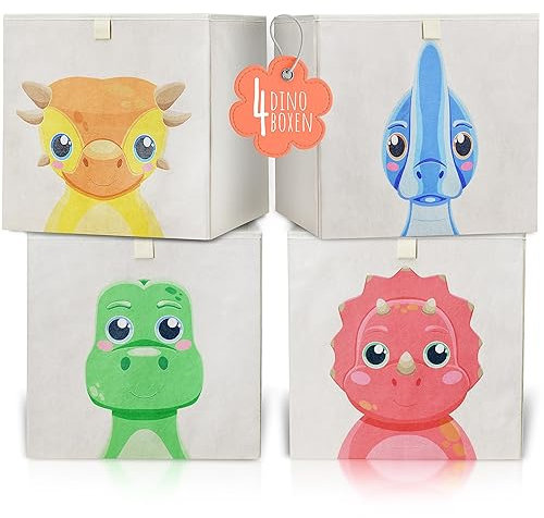 mookrook Aufbewahrungsbox Kinder 4er Set - Spielzeug Aufbewahrung Passend für Kallax, Dinomotive für Jungen und Mädchen, Ideal Spielzeug Aufbewahrungsbox und Regal Kinderzimmer Aufbewahrung