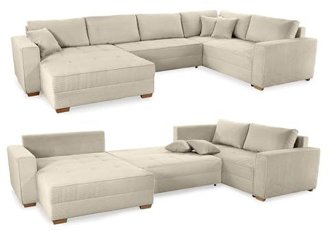 Modische Cord Wohnlandschaft U-Form B379/T227/H86 cm, Sofa mit Schlaffunktion und Bettkasten, Wellenunterfederung, seitenverkehrt montierbar, Bezug Cordstoff in Beige Grau / 15200
