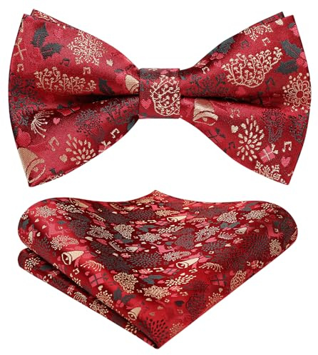 HISDERN Weihnachten Herren Fliege mit Einstecktuch Set Gebunden Verstellbar Geschenk fur Weihnachten Vorgebundene Fliege Rot