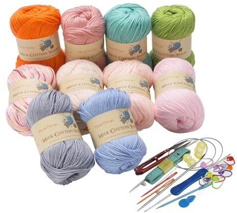 ThinkThings Acrylgarn zum Häkeln, Stricken, mehrfarbig, Weben, DIY, Häkelgarn, 10 Knäuel, 500 g, mit 22 Strickwerkzeugen, Regenbogengarne für Anfänger