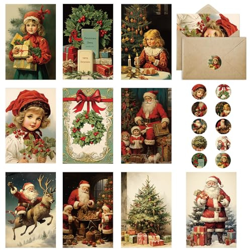 Huifengjie Carte Noel, 20 Pièces Carte de Noel avec Enveloppe et Autocollant, Carte Joyeux Noel, Carte de Voeux Noel, Vintage Cartes Postale Noel, Carte Cadeau Noel, Christmas Cards