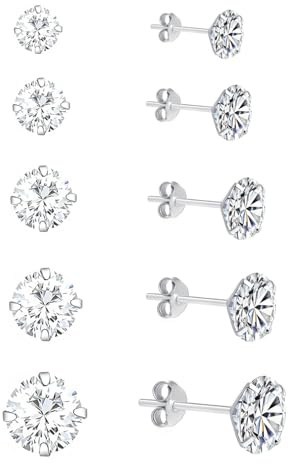 5 Paar 925 Sterling Silber Ohrstecker Set - Rhodiniert Mit Funkelnden Zirkonia, S925 Kleine Silber Ohrringe für Damen und Herren