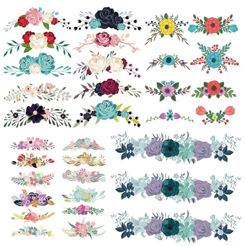 Rebanky 33 Stück Bügelbilder Blumen Patches zum Aufbügeln für Erwachsene | Wärmeübertragung Aufbügler Blumen Aufbügler Applikation aus PET Bügelbilder für Textilien Kleidung T-Shirts Jeans Rucksack