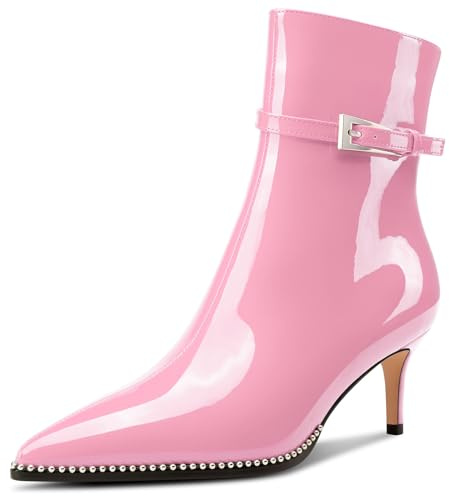 NobleOnly Mujer Medio Gatito Heel Cerrado el Dedo del pie Puntiaguada Punta Botines Cierre con Hebilla Cremallera Casual Botas 6.5 CM Heels Rosa 38 EU
