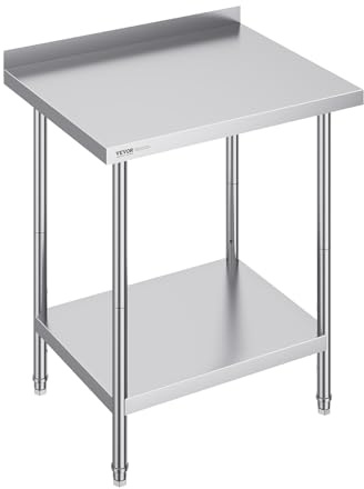 VEVOR Tavolo da Lavoro in Acciaio Inossidabile 610 x 762 x 914 mm, con 4 Ruote, 3 Livelli di Altezza Regolabili, Tavolo Resistente per Preparazione Alimenti Ristoranti Cucina Commerciale, Argento