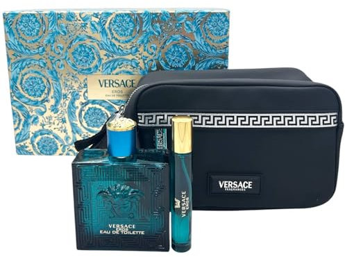 Versace Eros Geschenkset für Herren, Eau De Toilette, 100 ml, Duft Travel Size 10 ml und Tasche