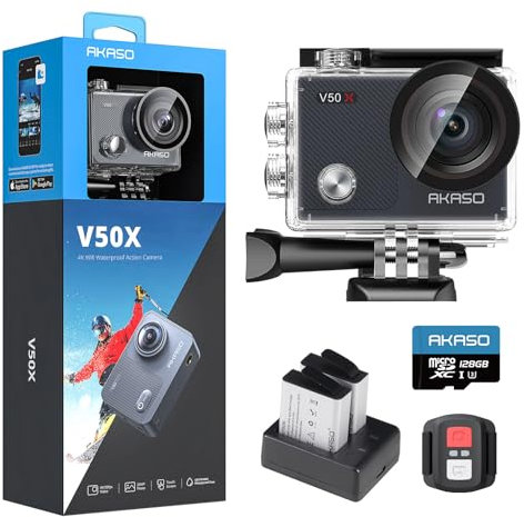 AKASO V50 X Action Camera with 128GB microSDXC Memory Card - Native 4K Wifi Underwater 40M EIS Anti-Shake Cam with Touch Screen, Remote Control, Waterproof Case and Mounting Accessories Kit