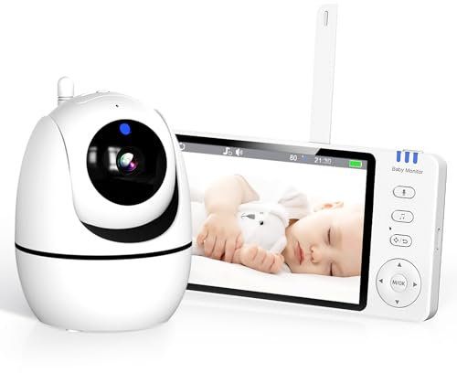 HT Babyphone mit Kamera, 5-Zoll-Bildschirm, 720P-Kamera, Zwei-Wege-Audio, Fernbedienung Drehung von 355°, 3500mAh Akku, Nachtsicht, VOX, Zwei-Wege-Anrufe, 1000-Fuß-Reichweite, kein WiFi erforderlich