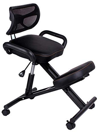 Höhenverstellbarer, ergonomisch gestalteter Kniestuhl mit Rückenlehne und Armlehnen, Büro-Kniestuhl, orthopädischer Lederstuhl mit Rollen für das Home-Office (Farbe: Schwarz)