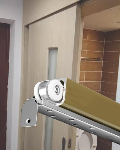 Minglez sliding door kit 4/5 / 6/8 Ft Pocket Door Track and Rollers, Champagne Gold Sliding Door Kit for Wood Door, Barn Door Hardware Kit for Cabinets & Closet Aluminium(8.4FT/2.56M,4 wheels)