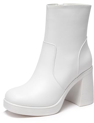 Glamnest Platform Ankle Boots with Zipper Women's Mid Calf Gogo Boots for Women Square Toe Chunky Block Heel, White Size 9