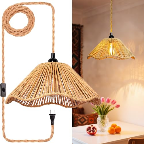 Eqquorva Hanging Lights with Plug in Cord Rattan Hanging Lamp Boho Ceiling Light Fixtures Farmhouse Pendant Lamp Shape for Living Room Bedroom Kitchen
