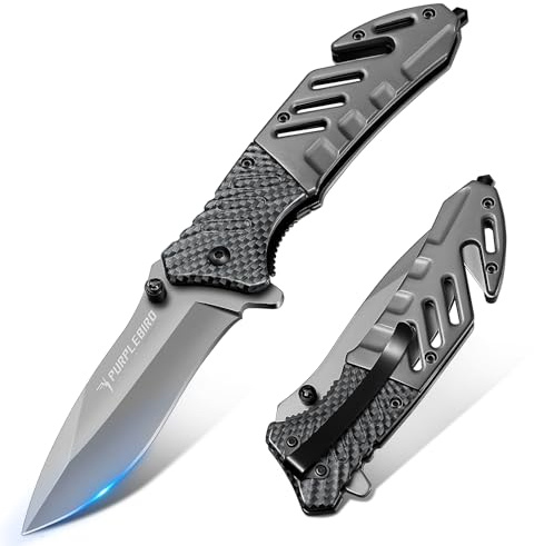PURPLEBIRD Klappmesser Edelstahl Gurtschneider Glasbrecher Grau | Carbonfaser-Griff, Sicherheitsverriegelung, Taschenclip. Kompakt & scharf. Für Outdoor, EDC & Männergeschenk.