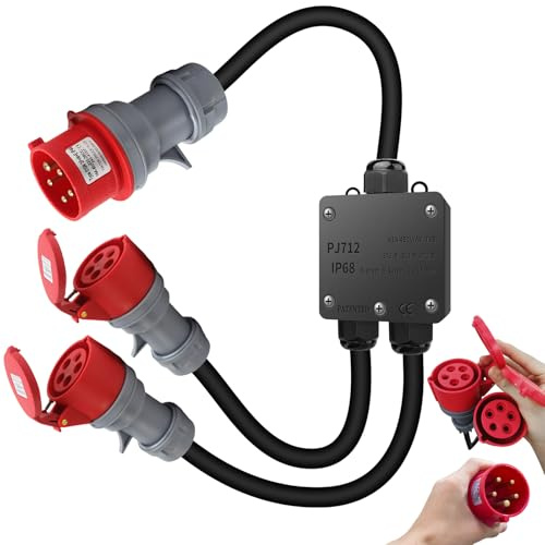 Starkstrom CEE Adapter 32A auf 16A, CEE Stecker Verlängerungskabel IP44-66, Gesamtlänge 150cm, mit 5-polig Stecker Starkstrom Phasenwender, für Außenbereich Baustelle Werkstatt Industrie