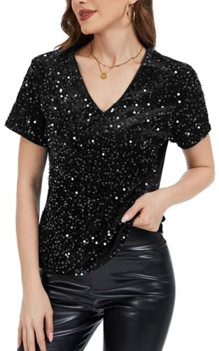 MINTLIMIT Damen Pailletten Glitzer Tops Kurzarm Oberteil Party Bluse V-Ausschnitt Festliches Club Outfit
