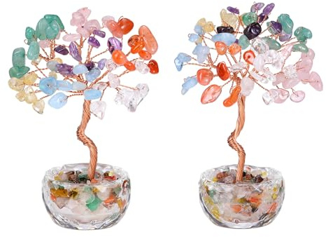 CrystalTears 2 Stück Mini Kristallbäume 7 Chakra Lebensbaum mit Glas Basis Edelsteine Heilsteine Geldbaum Feng Shui Deko Tischdeko (7 Chakra)