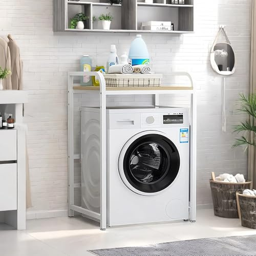 YTLEMON Mueble Lavadora, Estantería Lavadora con Tablero de Estante, Universal Kit de Soporte Secadora sobre Lavadora, Capacidad de 350 kg para BañO, Cocina, BalcóN, Lavandería (Blanco, 2 Niveles)