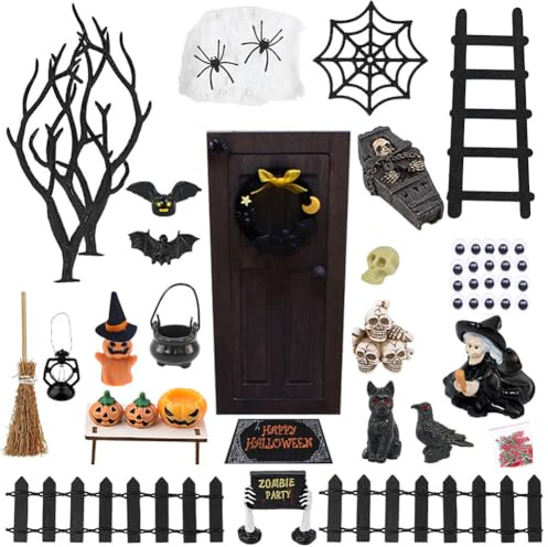 36 StüCk Halloween Puppenhaus Dekoration, Halloween Puppenhaus ZubehöR, Miniatur Puppenhau Set, Miniatur Holz WichteltüR Set Skelette Spinnen FledermäUse KüRbis-Elfe FüR Hallowee Party Dekoration