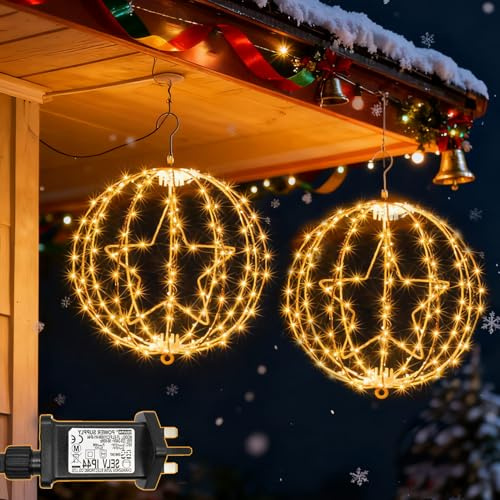 yowin 2 Pack Christmas Star Hanging Ball Lights 30CM 200 LED Plug in Window Lights with Timer,8 Modes Large Xmas Sphere Light Outdoor Waterproof Light Up Balls for Door Room Decorations - Brown Frame