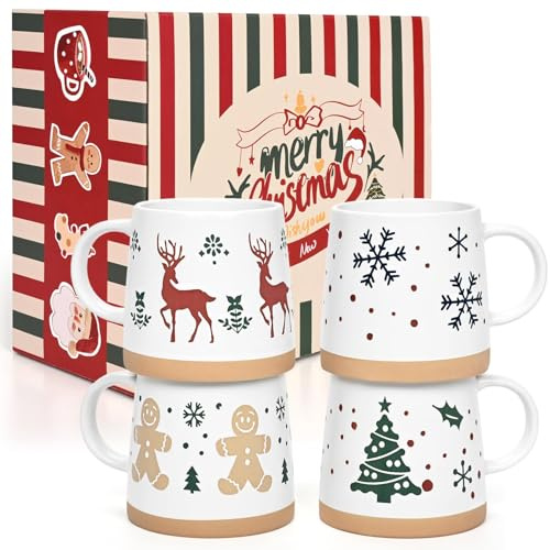 Joymaking Christmas Coffee Mugs Set of 4, Merry Christmas Holiday Decorations Ornaments, Xmas Gifts for Friends Family Coworker Mugs with Festival Design Reindeer Trees Gingerbread, 14 Oz