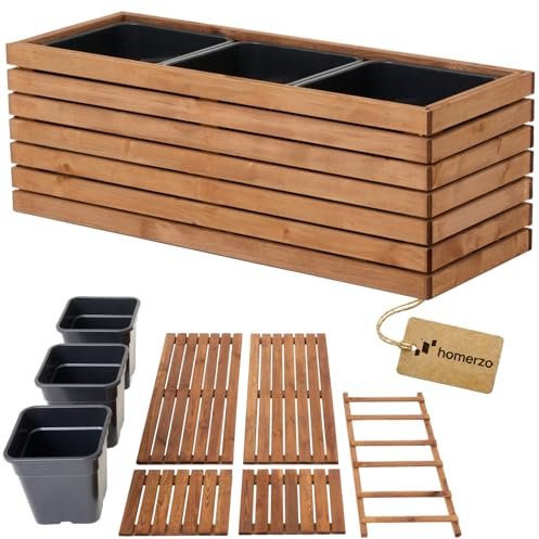 Blumenkasten de madera marrón para montar - Macetero rectangular grande para jardín y balcón - resistente a la intemperie con bandeja de 18L para plantas - Macetero DIY para exteriores
