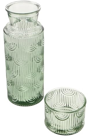 FUNNETOYU Garrafa y Vaso de Vidrio Transparente para Mesita de Noche Jarra para Agua y Enjuague Bucal Set Resistente y Fácil de Limpiar para Dormitorio y Baño