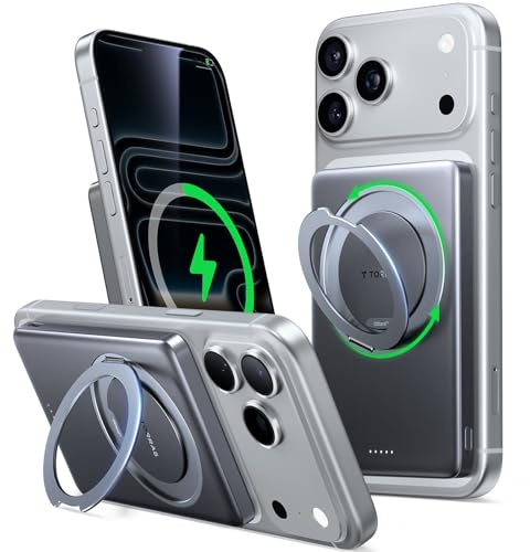 TORRAS Ostand MiniMag Ultra Slim Powerbank für Magsafe, Integrierter 360° Ständer 18W Schnellladen 5000mAh Magnetische Power Bank für iPhone 17 Pro Max/Air/16/15/14/13/12, Grau Titan.