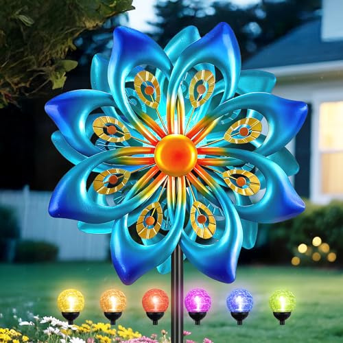 Solar Wind Spinners Outdoor - H60xW13 Metal Yard Art Kinetic Wind Spinners with Colorful LED Crackle Ball, Peacock-Style Windmill for Yard Lawn Garden Decor, Gardening Gifts for Women